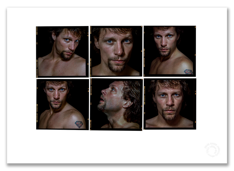 Jon Bon Jovi Lightbox, bare-chested, six-frame colour portraits, Hamburg hotel 1996, by Gavin Evans — A2 fine art photography print
