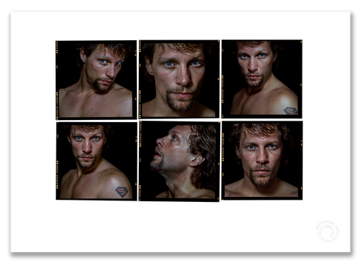 Jon Bon Jovi Lightbox, bare-chested, six-frame colour portraits, Hamburg hotel 1996, by Gavin Evans — A2 fine art photography print