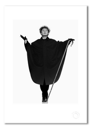 Malcolm McLaren, Sex Pistols, black and white full-length, white background, London 1992, by Gavin Evans — fine art photography print