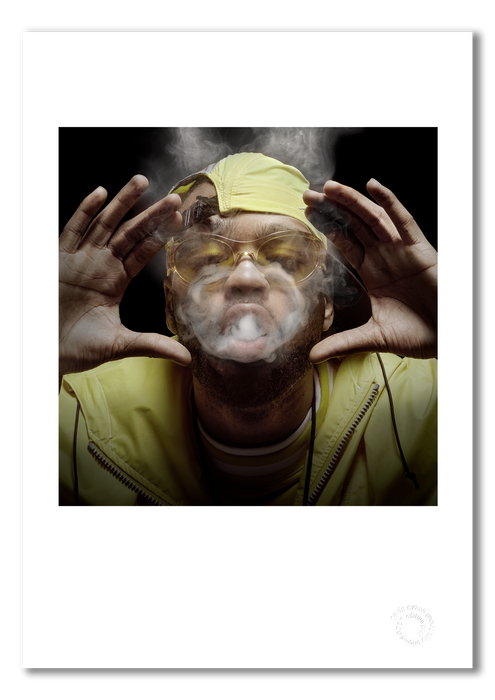 Colour portrait of Method Man by Gavin Evans, 1997. Emerging through smoke ring, yellow sunglasses. A3 giclée print with white border, Icons Collection.