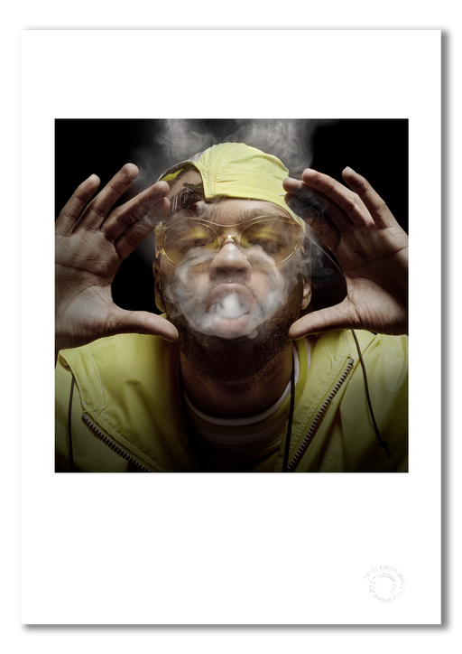 Colour portrait of Method Man by Gavin Evans, 1997. Emerging through smoke ring, yellow sunglasses. A3 giclée print with white border, Icons Collection.