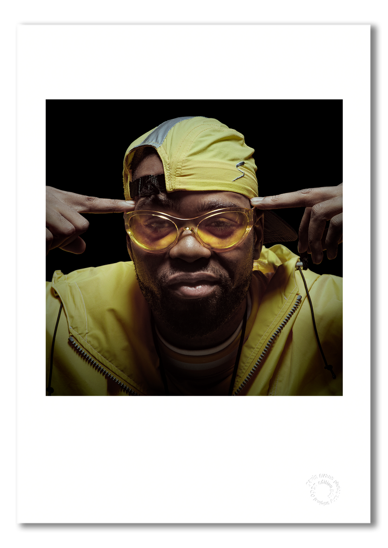 Method Man #2, Wu-Tang Clan, yellow wraparound sunglasses, forefingers to temples, London April 1997, by Gavin Evans — fine art photography print