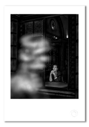 Nick Cave #2, seated at window, ghostly figure entering frame, black and white, Bayswater London 1989, by Gavin Evans — fine art photography print