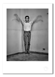 Nick Cave #3, arms outstretched, bat wings pose, black and white, Bayswater London 1989, by Gavin Evans — fine art photography print