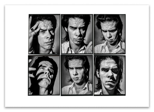 A2 Lightbox print of Nick Cave by Gavin Evans, 1989. Six black and white close-up headshots. Open edition with white border, Lightbox Collection.
