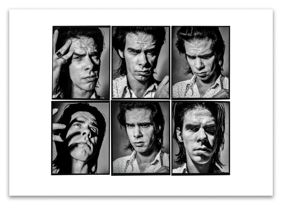 A2 Lightbox print of Nick Cave by Gavin Evans, 1989. Six black and white close-up headshots. Open edition with white border, Lightbox Collection.