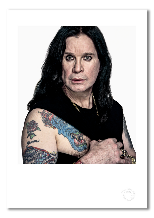 Colour portrait of Ozzy Osbourne by Gavin Evans, 2005. Intense stare, white background. A3 giclée print with white border, Icons Collection.