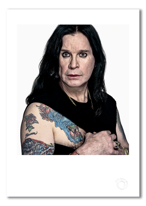 Colour portrait of Ozzy Osbourne by Gavin Evans, 2005. Intense stare, white background. A3 giclée print with white border, Icons Collection.