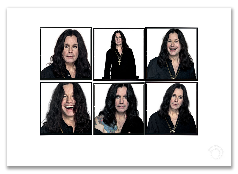 Ozzy Osbourne Lightbox #1, six-frame colour portraits, composed, white background, London 2005, by Gavin Evans — A2 fine art photography print