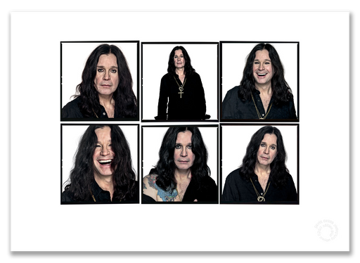 Ozzy Osbourne Lightbox #1, six-frame colour portraits, composed, white background, London 2005, by Gavin Evans — A2 fine art photography print