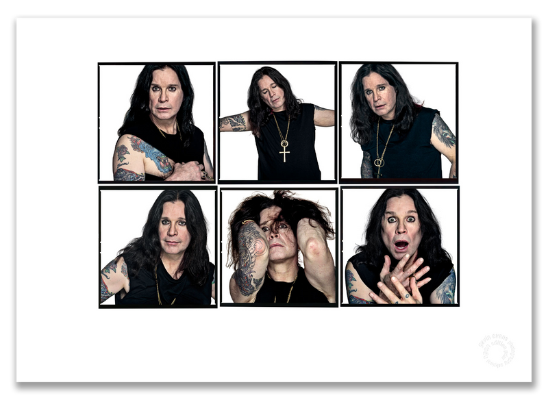Ozzy Osbourne Lightbox #2, six-frame colour portraits, torn T-shirt, theatrical gestures, London 2005, by Gavin Evans — A2 fine art photography print