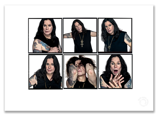 Ozzy Osbourne Lightbox #2, six-frame colour portraits, torn T-shirt, theatrical gestures, London 2005, by Gavin Evans — A2 fine art photography print