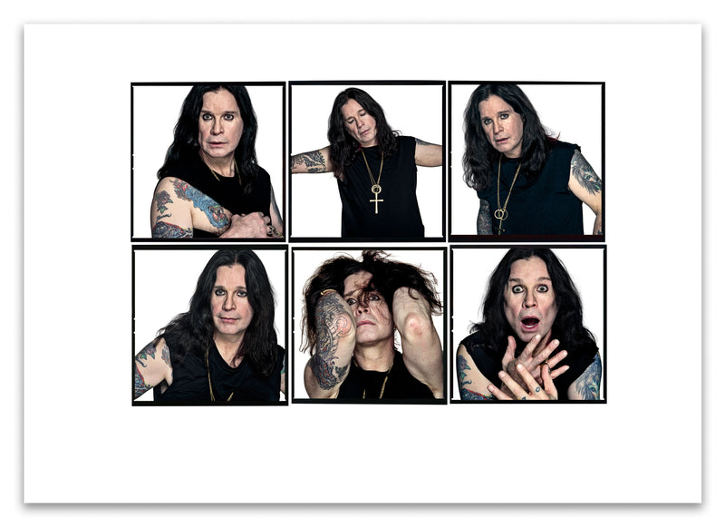 A2 Lightbox print of Ozzy Osbourne by Gavin Evans. Six colour portraits from 2005 featuring torn T-shirt and expressive gestures. Open edition with white border, Lightbox Collection.