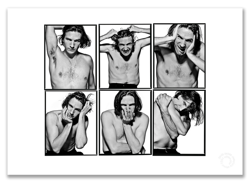 Ralph Fiennes Lightbox, bare-chested, six-frame black and white portraits, white background, London 1991, by Gavin Evans — A2 fine art photography print