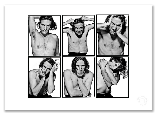 Ralph Fiennes Lightbox, bare-chested, six-frame black and white portraits, white background, London 1991, by Gavin Evans — A2 fine art photography print