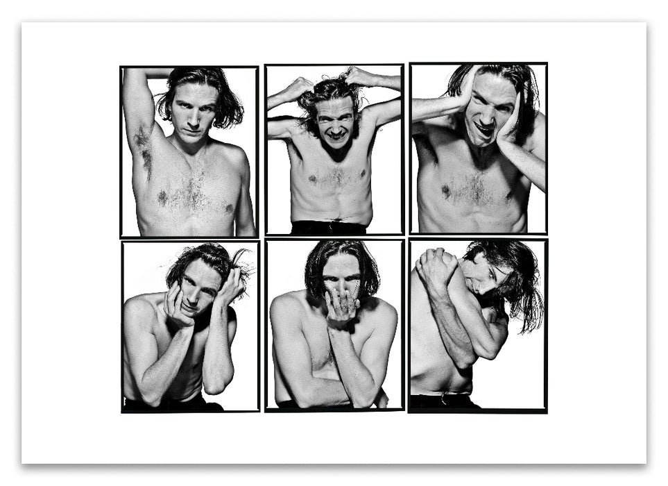 A2 Lightbox print of Ralph Fiennes by Gavin Evans. Six black and white portraits, shirtless against white, 1991. Open edition with white border, Lightbox Collection.