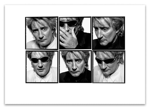 A2 Lightbox print of Rod Stewart by Gavin Evans. Six black and white studio portraits with sunglasses, 1995. Open edition with white border, Lightbox Collection.