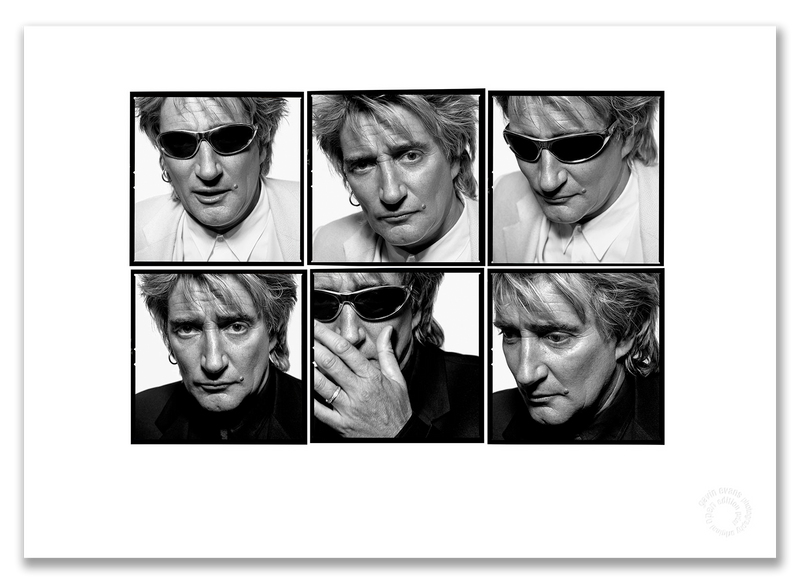 Rod Stewart Lightbox, wraparound sunglasses, six-frame black and white portraits, London 1995, by Gavin Evans — A2 fine art photography print