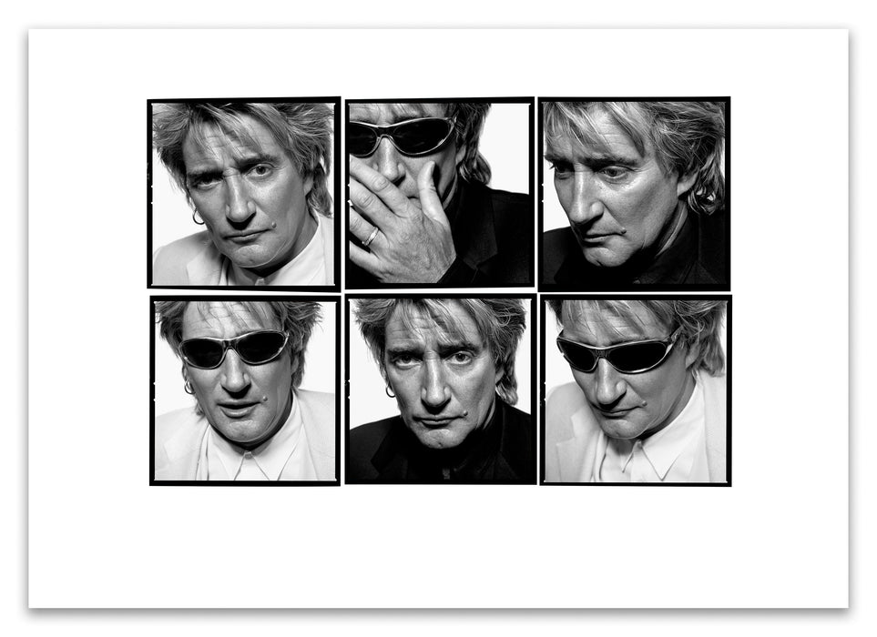 A2 Lightbox print of Rod Stewart by Gavin Evans. Six black and white studio portraits with sunglasses, 1995. Open edition with white border, Lightbox Collection.