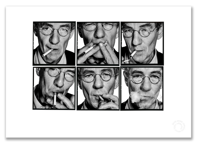 Sir Ian McKellen Lightbox #1, lighting cigarette close-up sequence, six-frame black and white, London 1996, by Gavin Evans — A2 fine art photography print