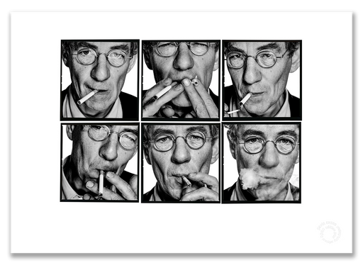 Sir Ian McKellen Lightbox #1, lighting cigarette close-up sequence, six-frame black and white, London 1996, by Gavin Evans — A2 fine art photography print