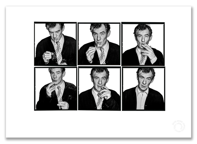 Sir Ian McKellen Lightbox #2, lighting cigarette mid-length sequence, six-frame black and white, London 1996, by Gavin Evans — A2 fine art photography print