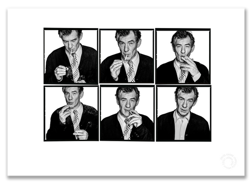 Sir Ian McKellen Lightbox #2, lighting cigarette mid-length sequence, six-frame black and white, London 1996, by Gavin Evans — A2 fine art photography print