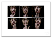 Suzy Eddie Izzard Lightbox, six-frame colour close-up portraits, black background, London 1998, by Gavin Evans — A2 fine art photography print