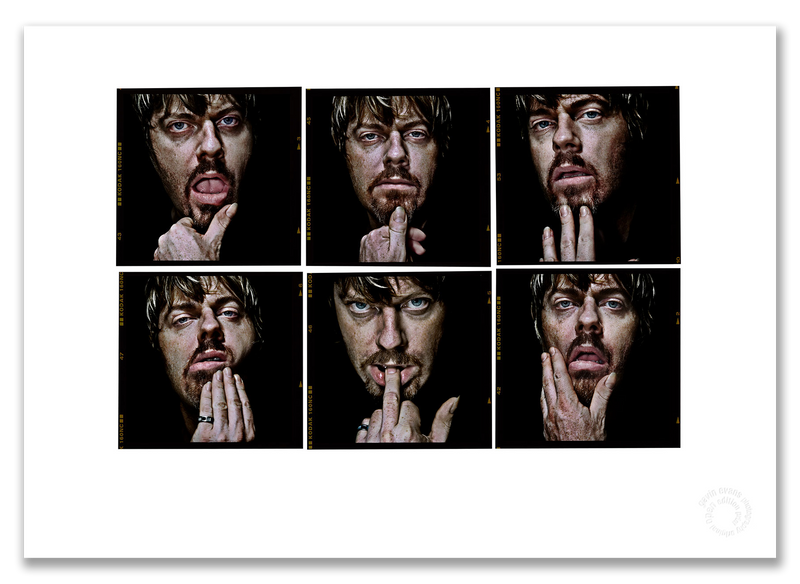 Suzy Eddie Izzard Lightbox, six-frame colour close-up portraits, black background, London 1998, by Gavin Evans — A2 fine art photography print