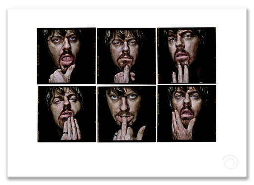 Suzy Eddie Izzard Lightbox, six-frame colour close-up portraits, black background, London 1998, by Gavin Evans — A2 fine art photography print