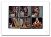 Terry Gilliam Lightbox, reindeer fur coat, drinking from bottle, London kitchen, colour, 1996, by Gavin Evans — A2 fine art photography print