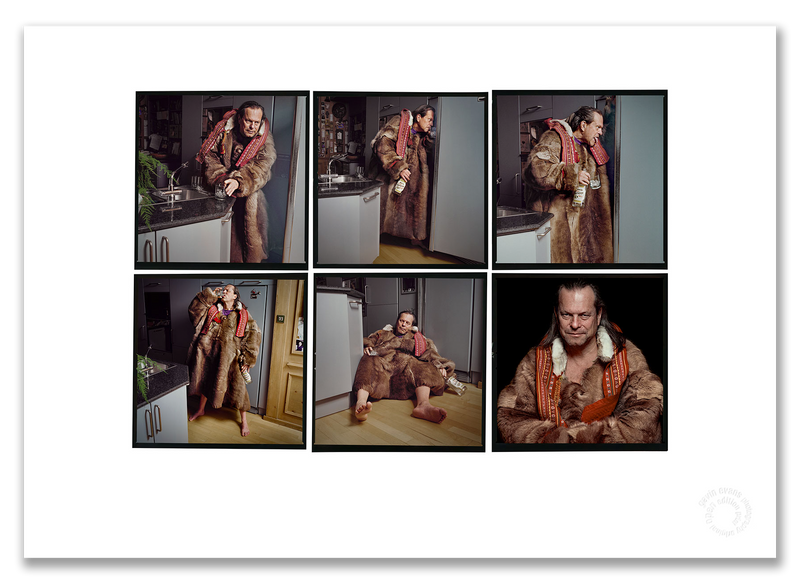 Terry Gilliam Lightbox, reindeer fur coat, drinking from bottle, London kitchen, colour, 1996, by Gavin Evans — A2 fine art photography print