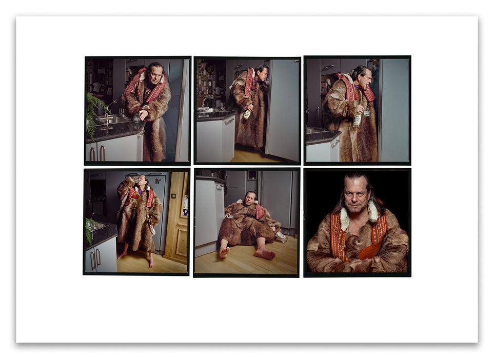 A2 Lightbox print of Terry Gilliam by Gavin Evans. Colour six-frame kitchen sequence in fur coat, 1996. Open edition with white border, Lightbox Collection.