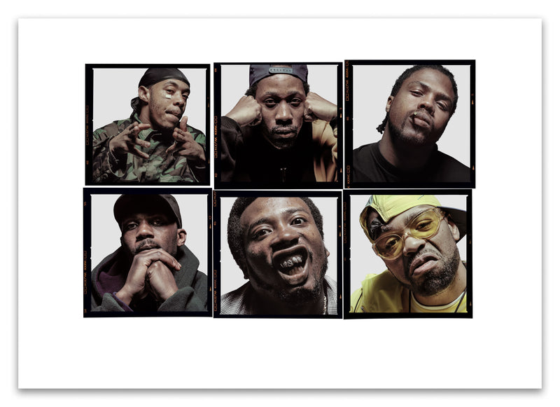 A2 Lightbox print of Wu-Tang Clan by Gavin Evans. Colour portraits of RZA, Method Man, Masta Killa & others from 1997. Open edition with white border, Lightbox Collection.