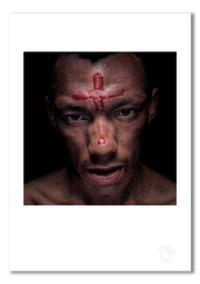 Tricky, cross of blood on forehead, colour shot, black background, London 1996, by Gavin Evans — fine art photography print
