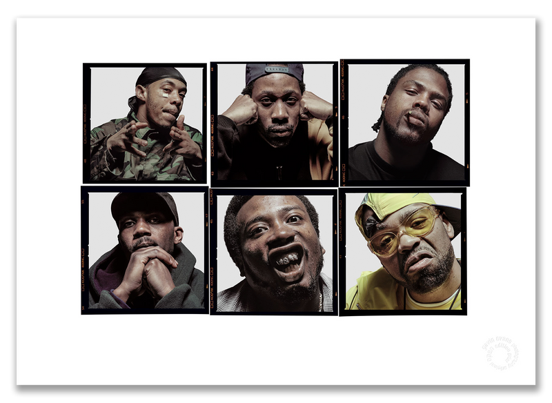 Wu-Tang Clan Lightbox #1, tight group portrait, six members, confrontational, London April 1997, by Gavin Evans — A2 fine art photography print