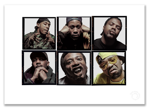 Wu-Tang Clan Lightbox #1, tight group portrait, six members, confrontational, London April 1997, by Gavin Evans — A2 fine art photography print