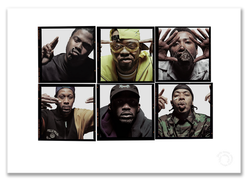 Wu-Tang Clan Lightbox #2, spread group portrait, six members, confrontational, London April 1997, by Gavin Evans — A2 fine art photography print